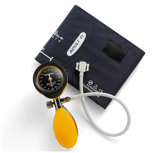 Welch Allyn® – Sfigmomanometro aneroide DuraShock DS55, rifiniture gialle, bracciale per pazienti adulti FlexiPort (1 tubo) e custodia con zip